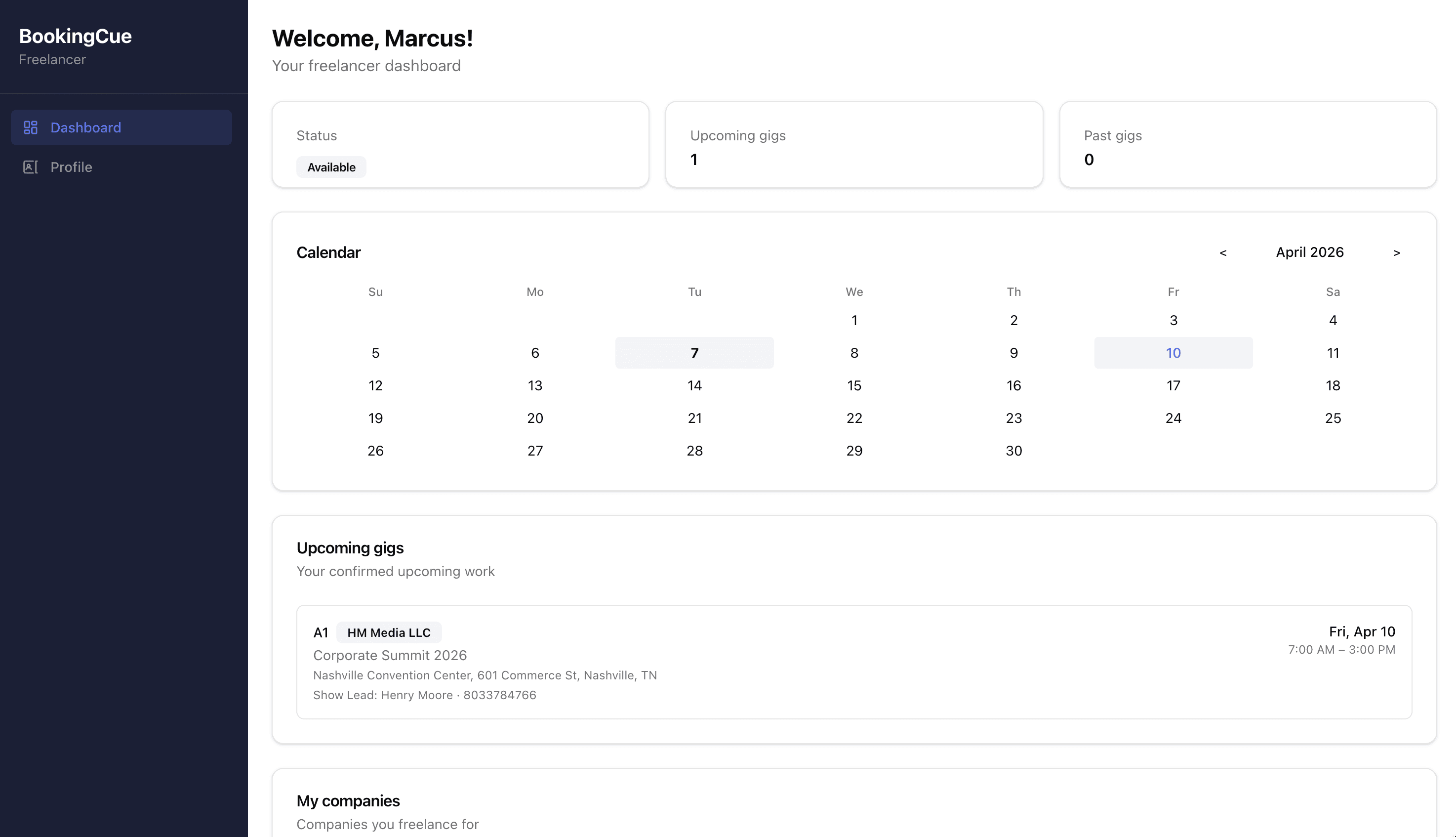 BookingCue freelancer dashboard showing upcoming gigs and calendar