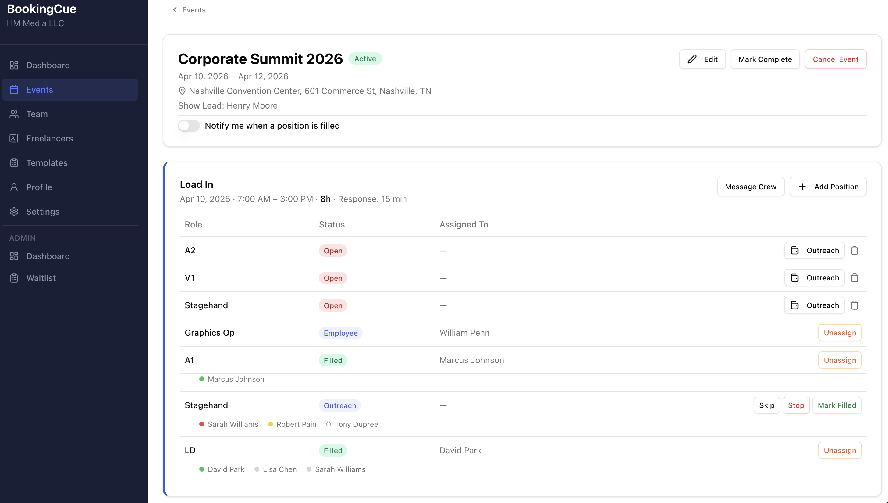 BookingCue event page showing positions and outreach controls