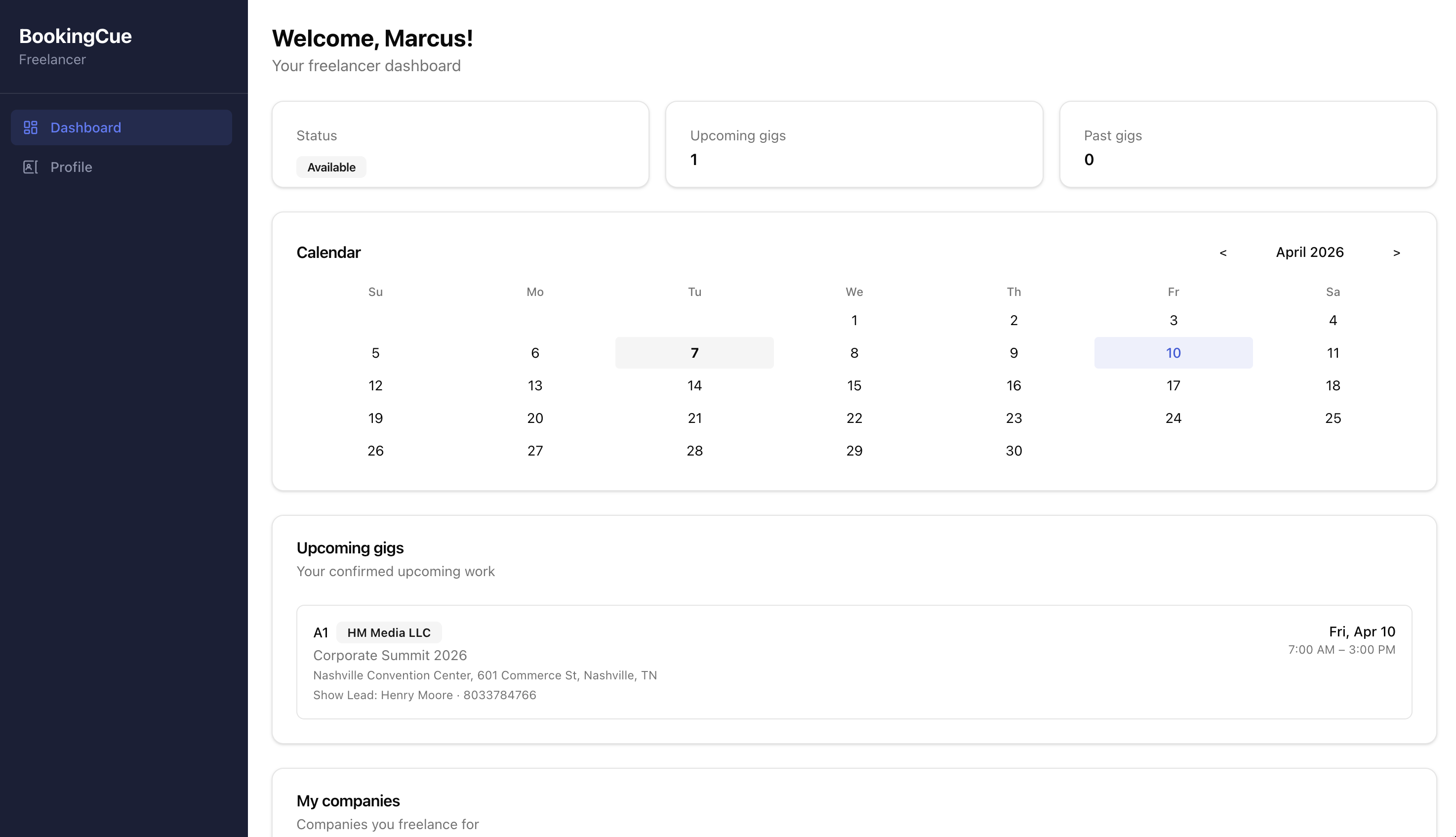 BookingCue freelancer dashboard showing upcoming gigs and calendar